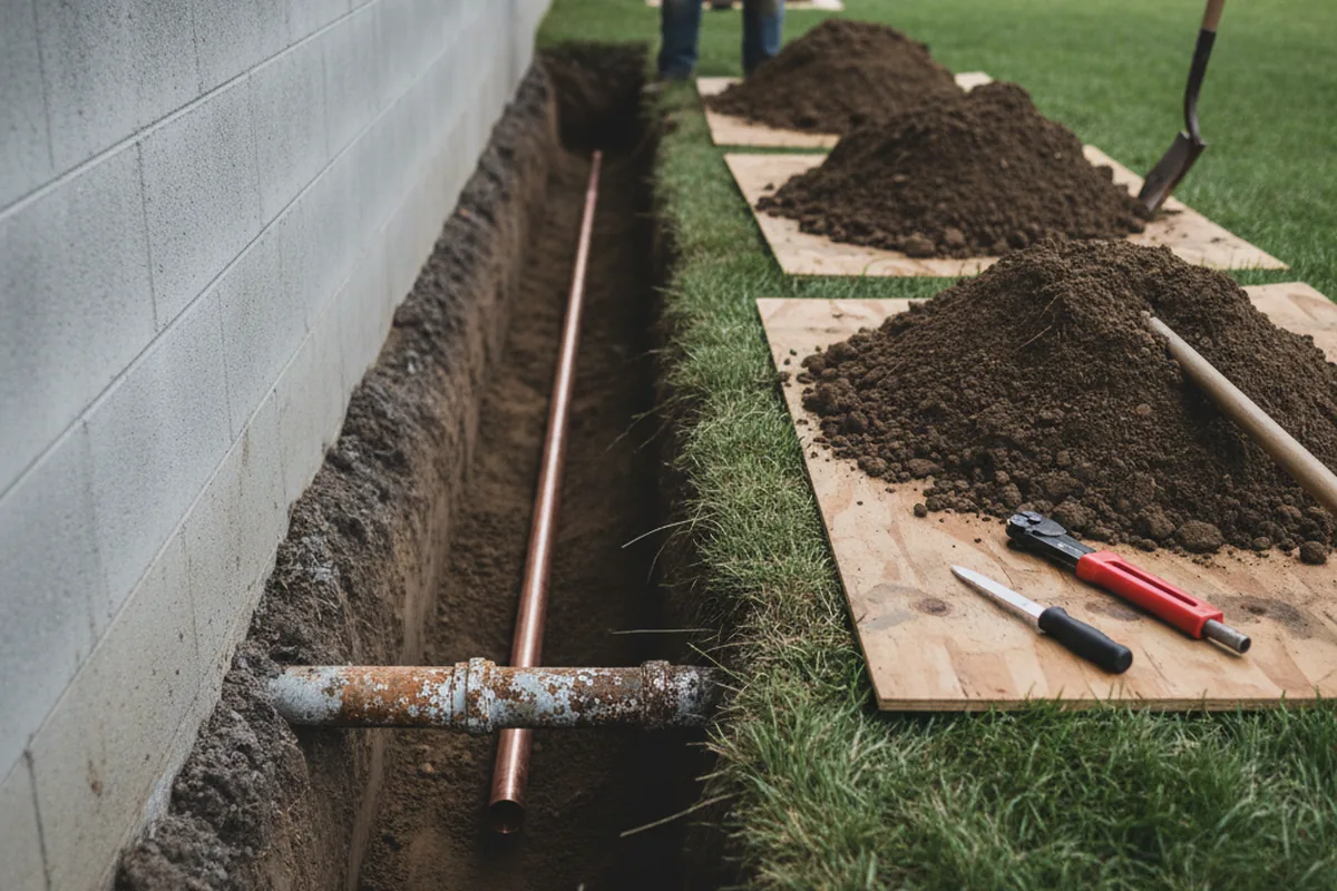 Excavated water line trench during Water Heater Repair in Marine On Saint Croix